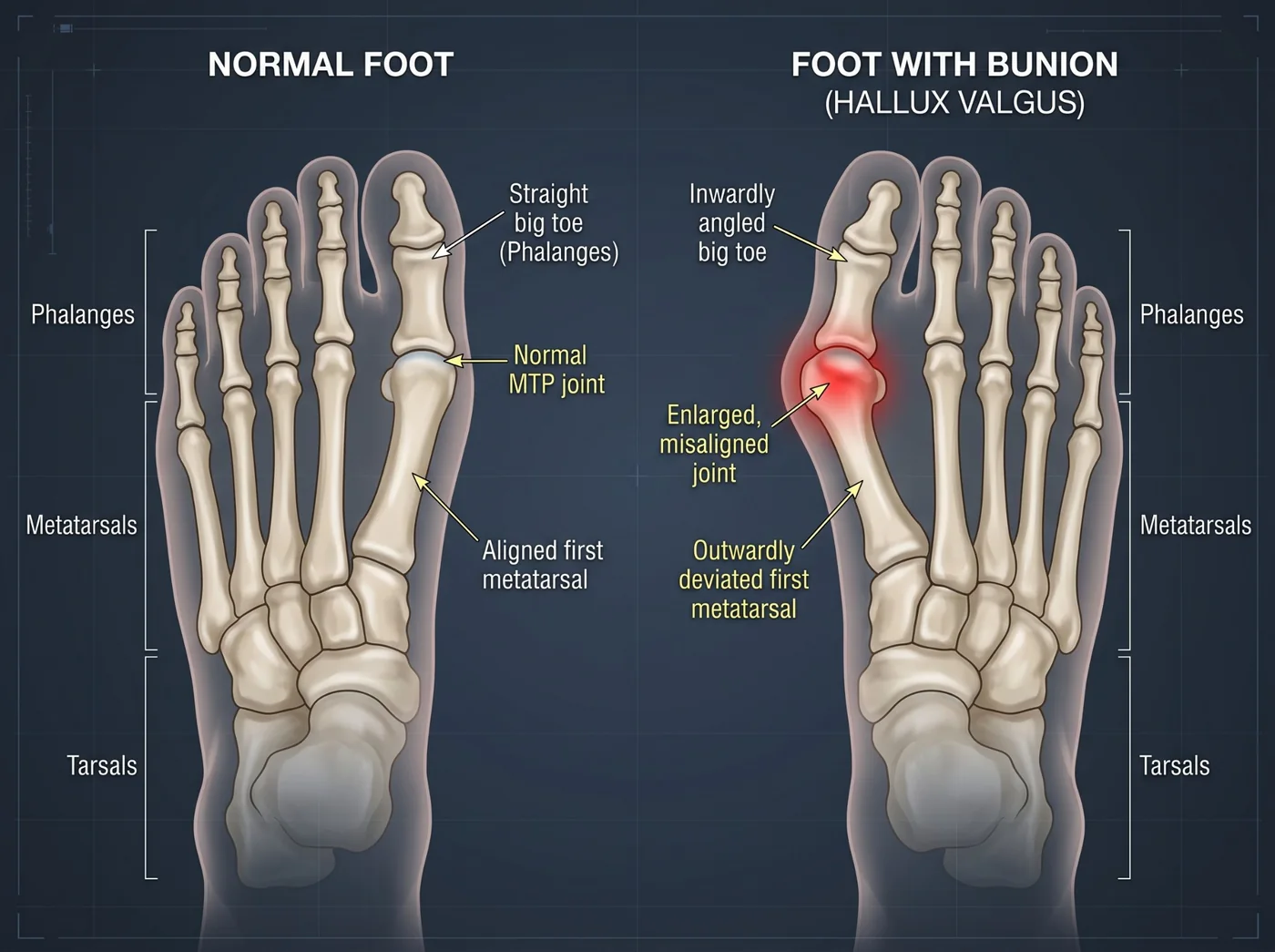 Side-by-side diagram of two feet seen from above. The left foot shows typical bone alignment with a straight big toe. The right foot shows a bunion, also called hallux valgus, with the big toe angled inward and an enlarged, misaligned joint at its base highlighted in red.