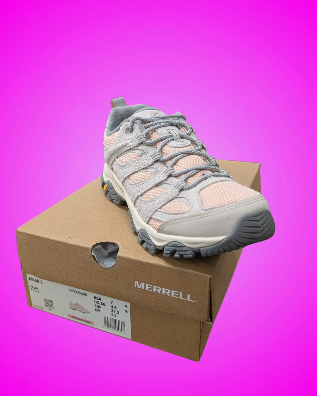 Merrell Moab 3 women's hiking shoe in the Peony colorway, resting on its shoebox